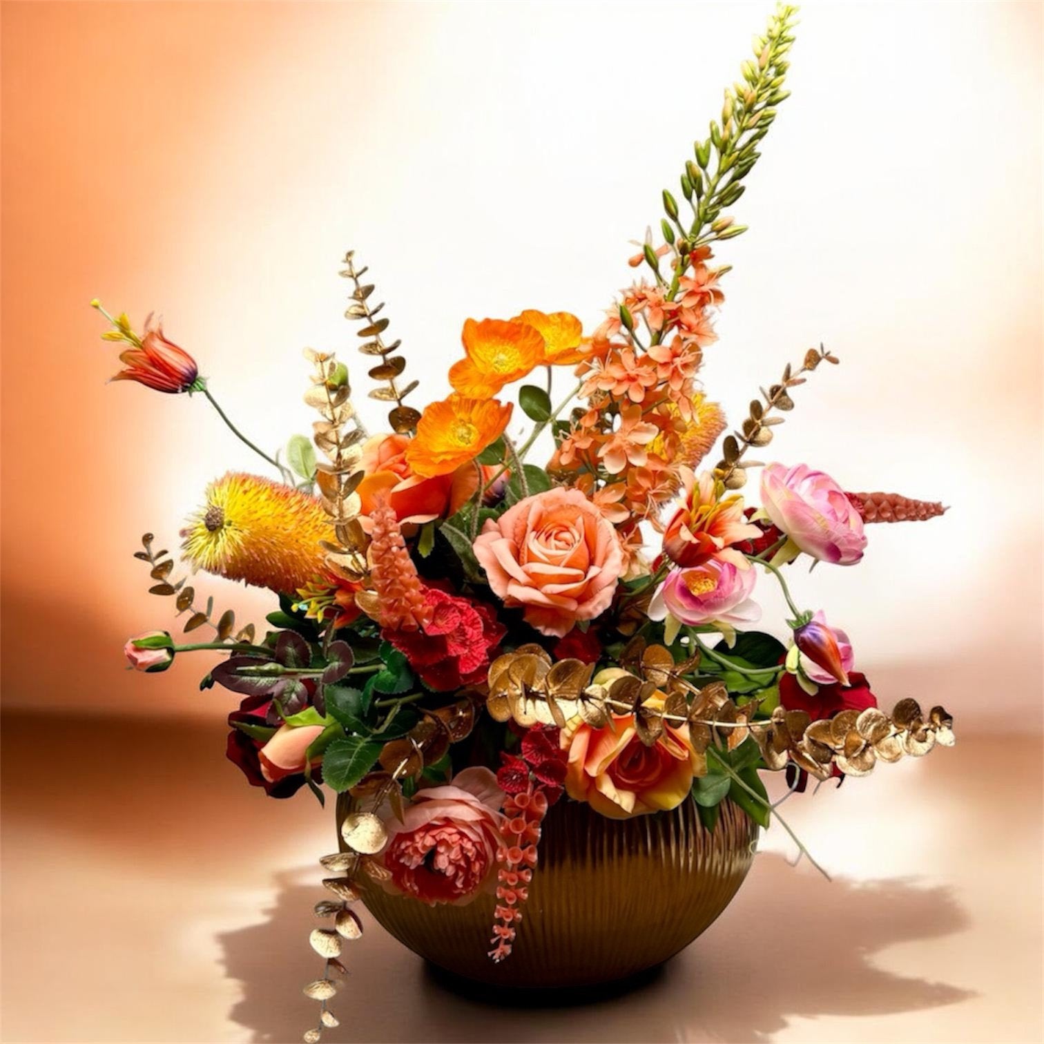 Bloemstuk opgemaakt in een goudkleurige ovale vaas, 70 cm, Inclusief kunstbloemen, Ophalen of Verzenden, Fransidzesflowercreations