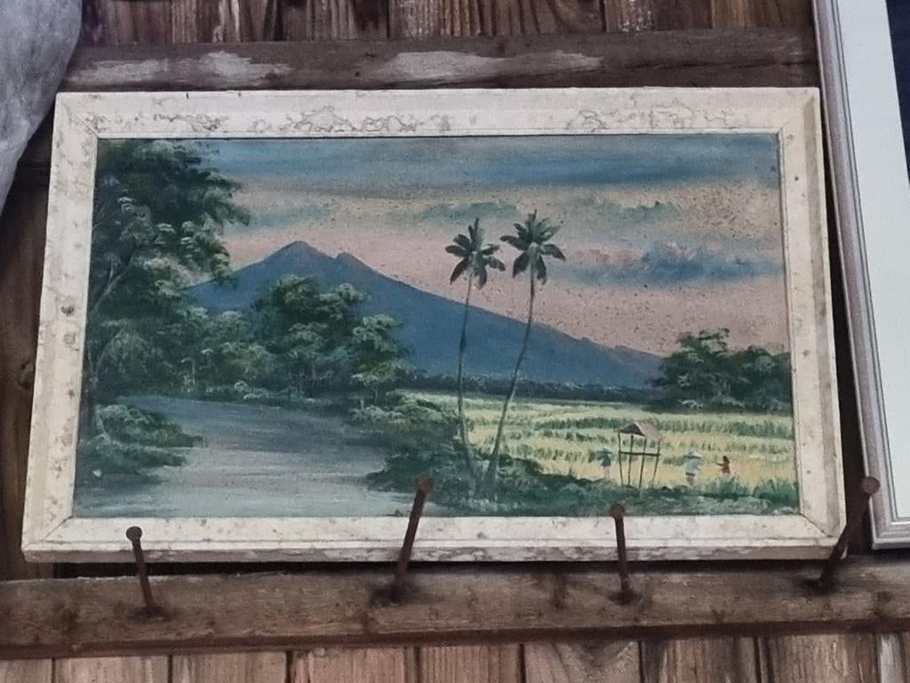 Schilderij: Tropisch Landschap met Bergen en Palmbomen, Ophalen of Verzenden