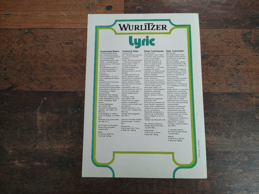 Flyer: Wurlitzer Lyric (1976) jukebox, Verzenden, Gebruikt, 1950 tot 1960, Seeburg