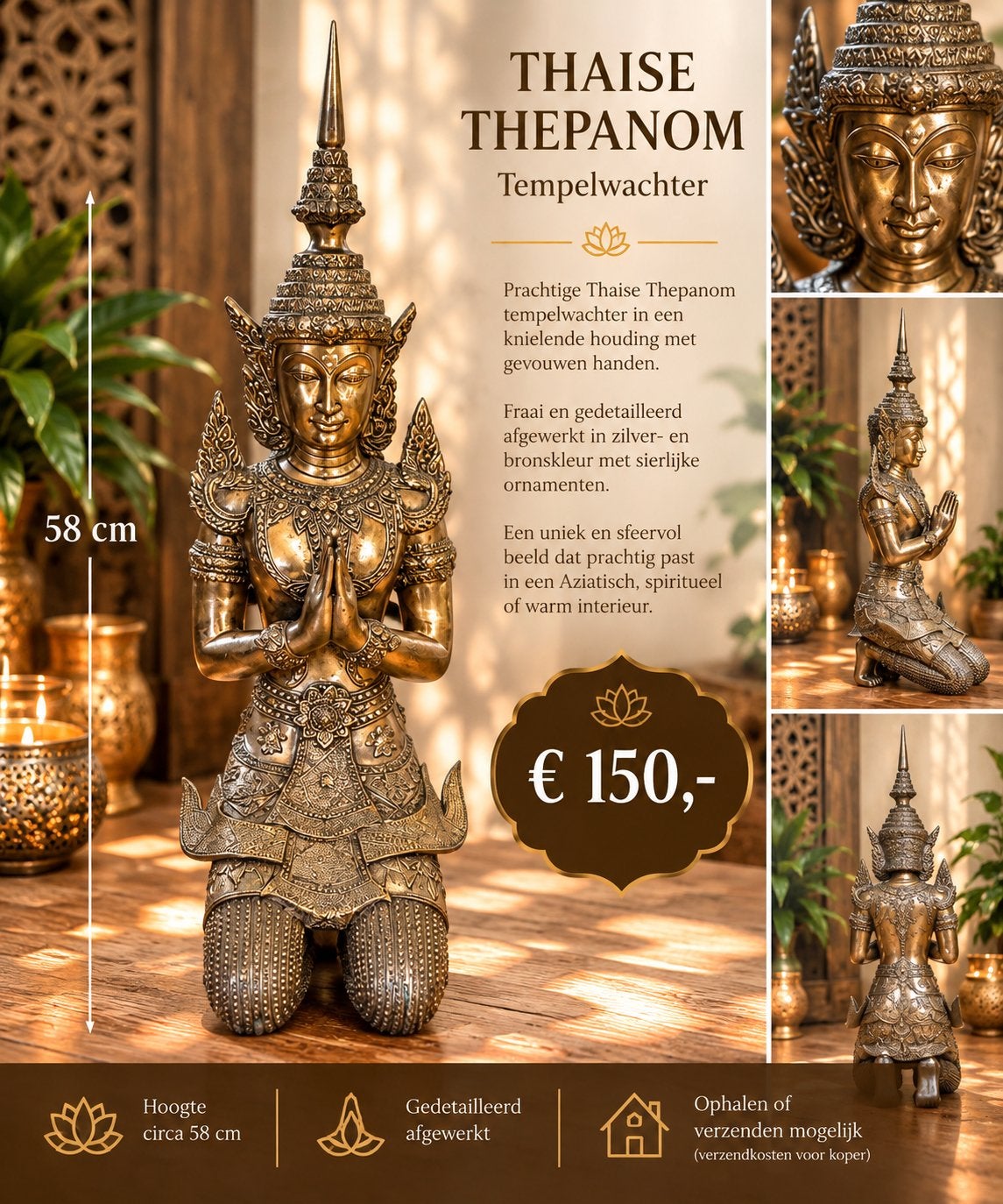 Grote Thaise Thepanom tempelwachter – 58 cm – 4kg, Ophalen of Verzenden, 20 - 50 cm, Beeld, Goud
