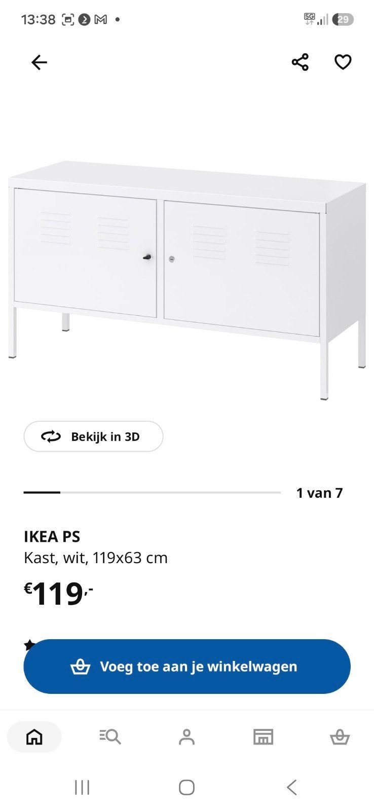 IKEA PS Kast, wit, 119x63 cm - Zo goed als nieuw, Ophalen, 100 tot 150 cm, Modern, Industrieel, Zo goed als nieuw