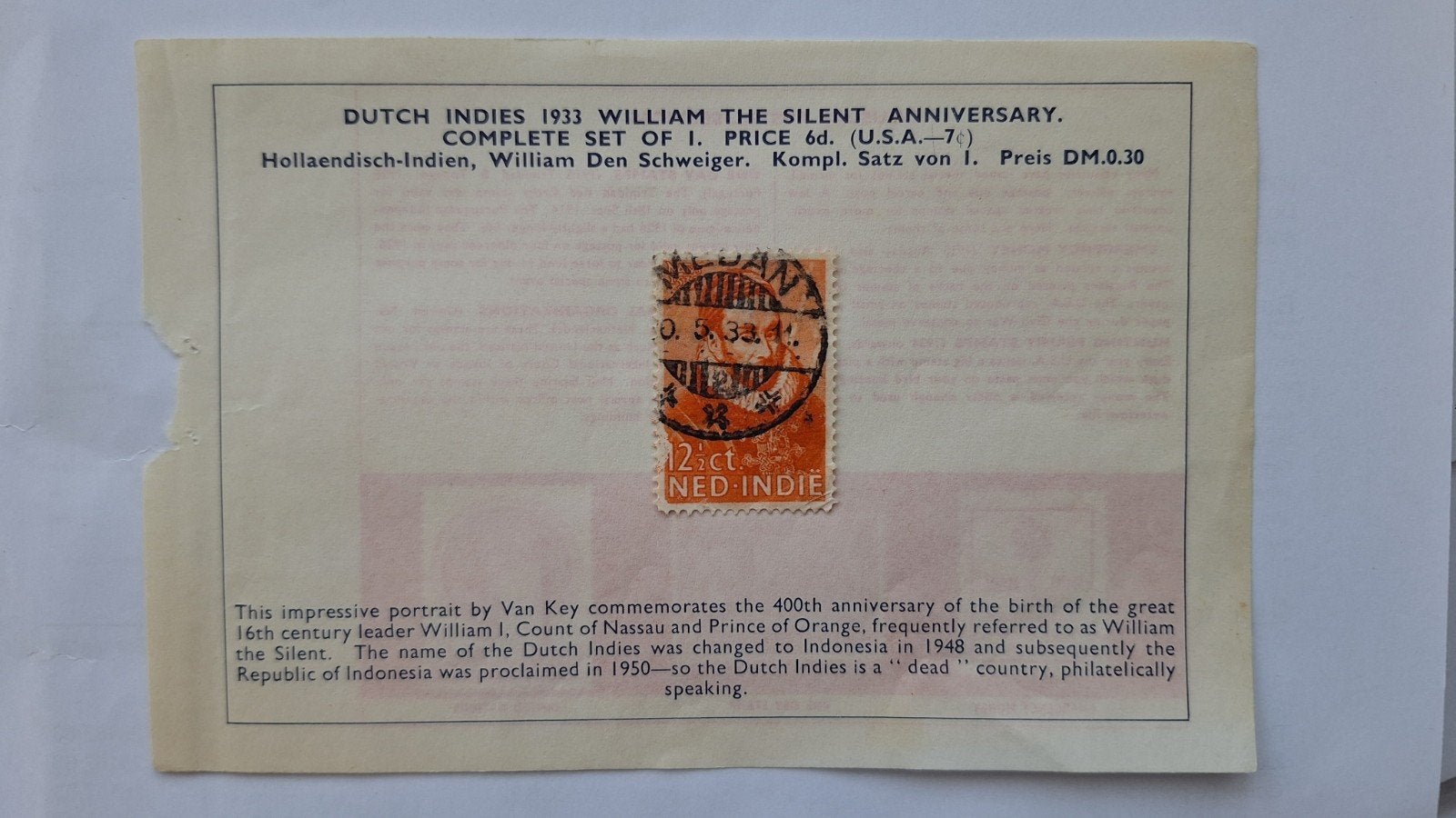 Postzegel  Ned. Indië Willem de Zwijger 12½ ct (Gestempeld), Ophalen of Verzenden