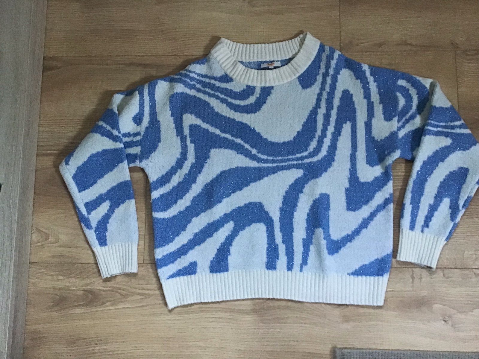 Nina by Bel& bo trui met blauw/wit marmerpatroon, maat L, Ophalen of Verzenden, Gedragen, Maat 42/44 (L), Blauw