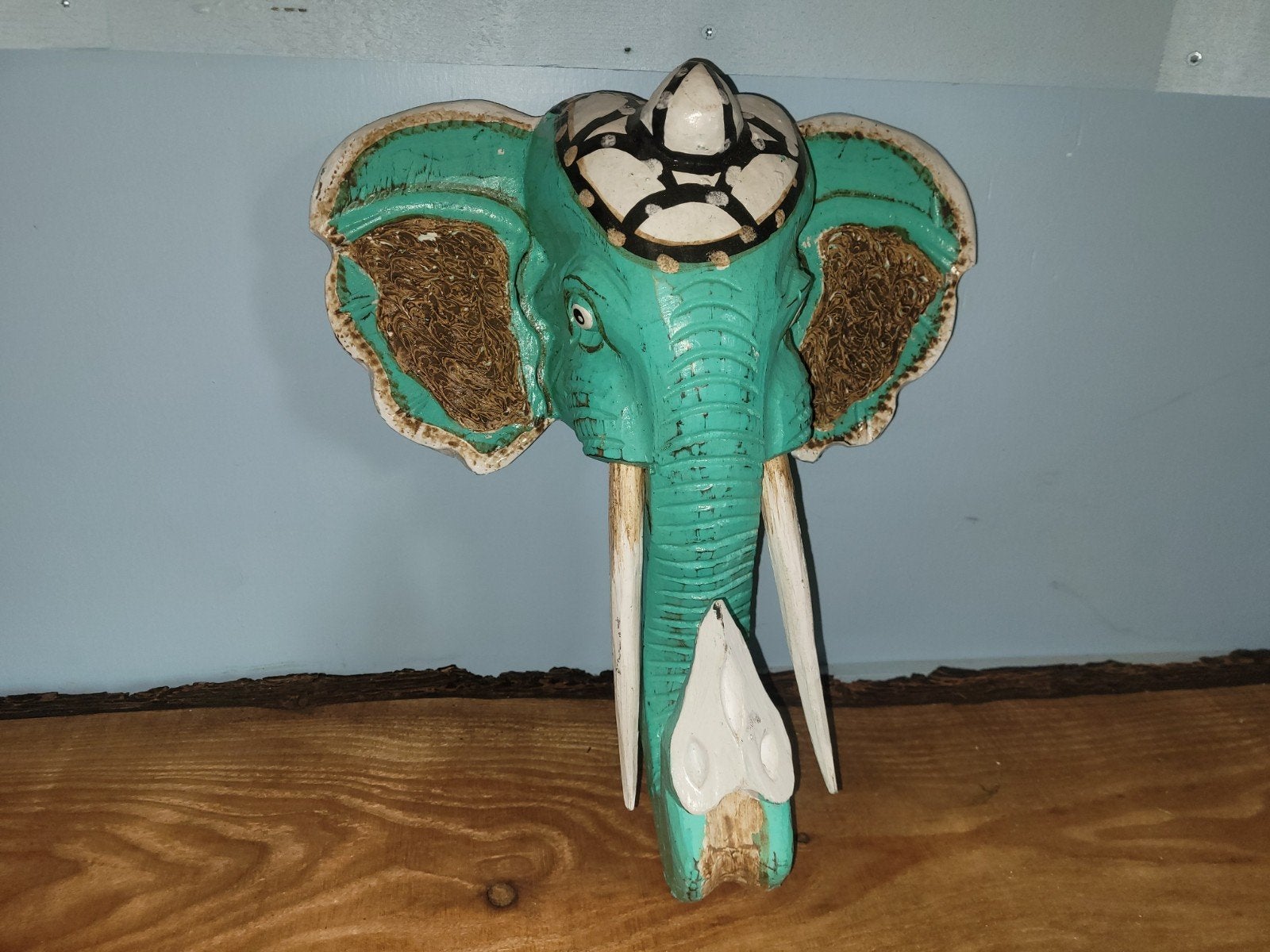Houten olifantenkop voor aan de muur, turquoise, Huis en Inrichting, Hout, Gebruikt, Meerkleurig, Ophalen of Verzenden