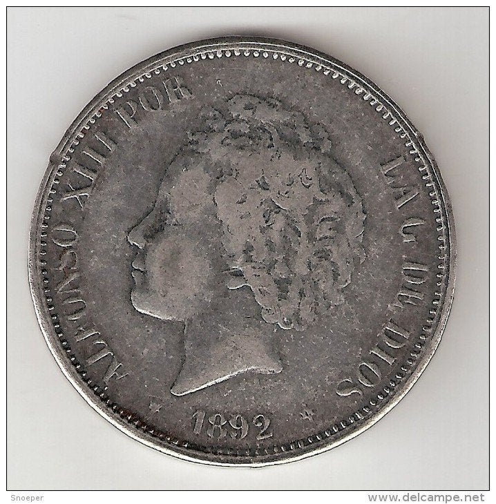spain 5 pesetas 1892 km 700 copy, Postzegels en Munten, Ophalen of Verzenden, Overige landen, Losse munt