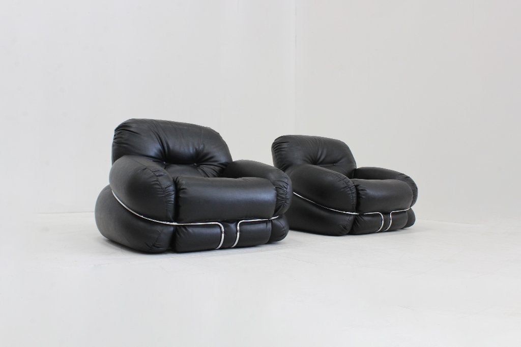 Set vintage design fauteuils Adriano Piazzesi  zwart leer, Gebruikt, Ophalen of Verzenden, 100 tot 125 cm, Vintage , design