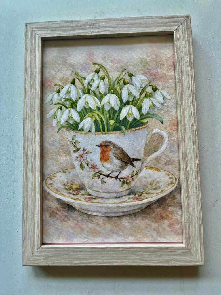 Lijstje Roodborstje, brocante kopje en sneeuwklokjes, Antiek en Kunst, Ophalen of Verzenden