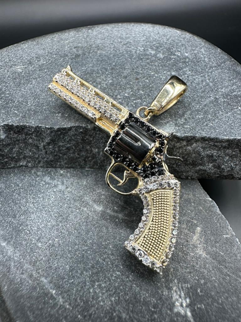 14k Gouden Revolver Hanger met Onyx & Zirkonia, Overige voorstellingen, Nieuw, Ophalen of Verzenden, Met edelsteen