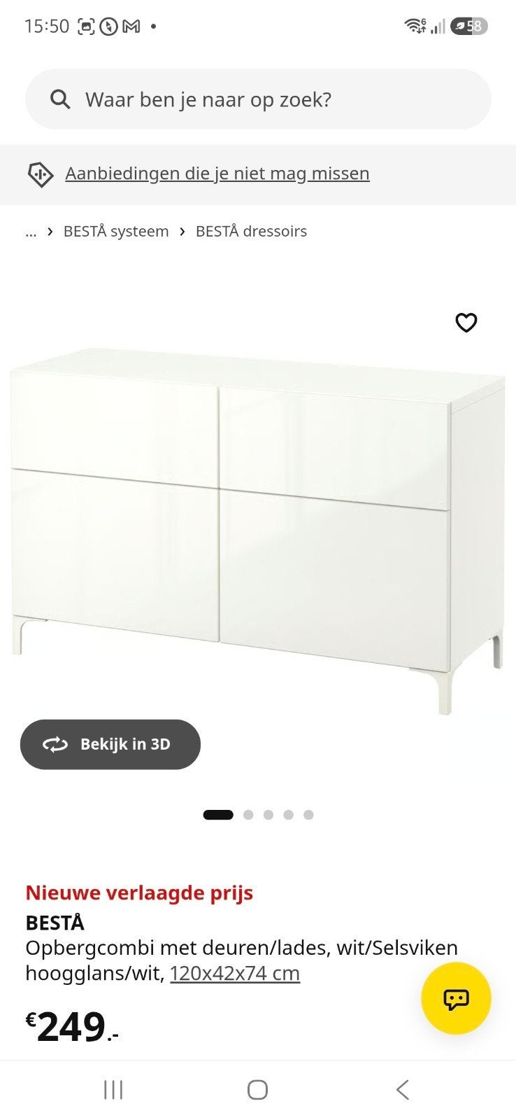 IKEA BESTÅ Dressoir met lades, wit hoogglans, Huis en Inrichting, Ophalen, Overige materialen, 100 tot 150 cm, Zo goed als nieuw