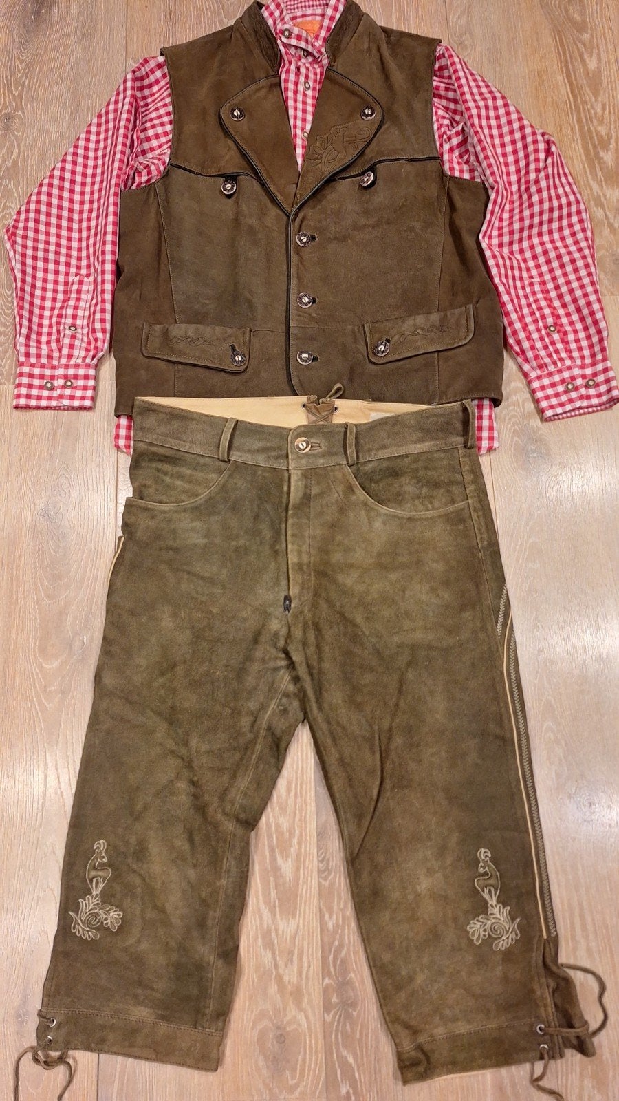 Lederhose 50 gilet leer overhemd Tiroler oktoberfeest, Ophalen, Gedragen, Maat 48/50 (M), Waldschütz