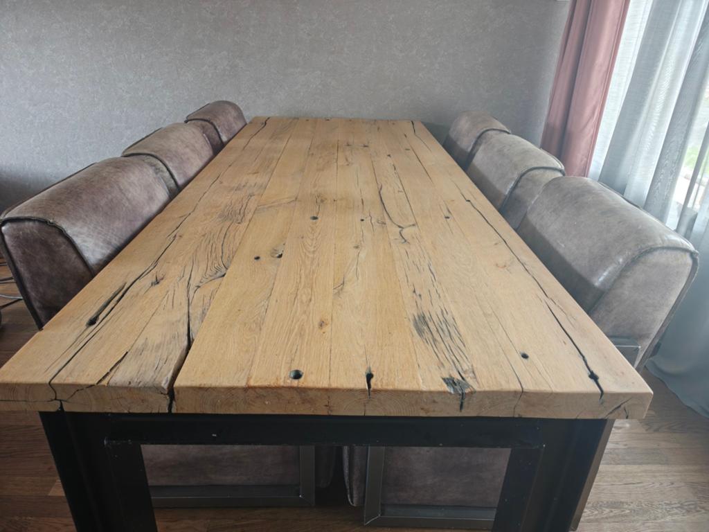 Robuuste eettafel met 6 stoelen, Huis en Inrichting, Tafels | Eettafels, Gebruikt, Industrieel, Landelijk, 200 cm of meer, 50 tot 100 cm