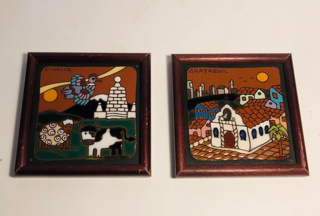 Twee handgemaakte schilderijtjes, glazuur, Ecuador, Antiek en Kunst, Ophalen of Verzenden