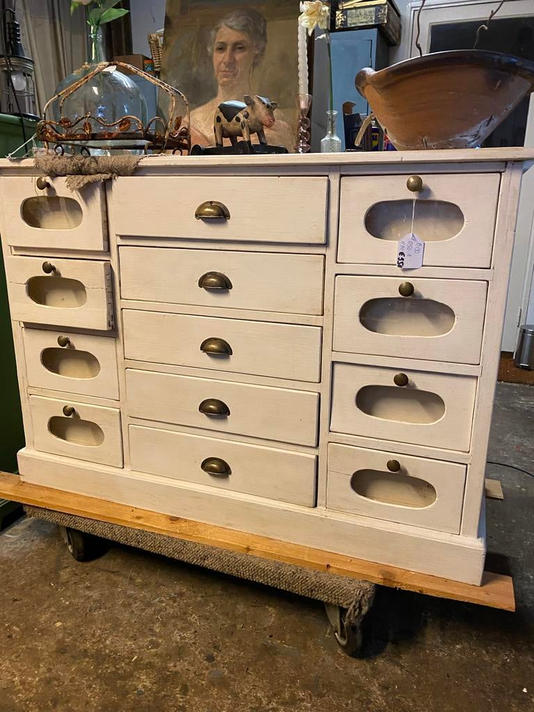 Vintage Brocante Ladenkast Dressoir Apothekerskast, Ophalen, Gebruikt, 100 tot 150 cm, 5 laden of meer