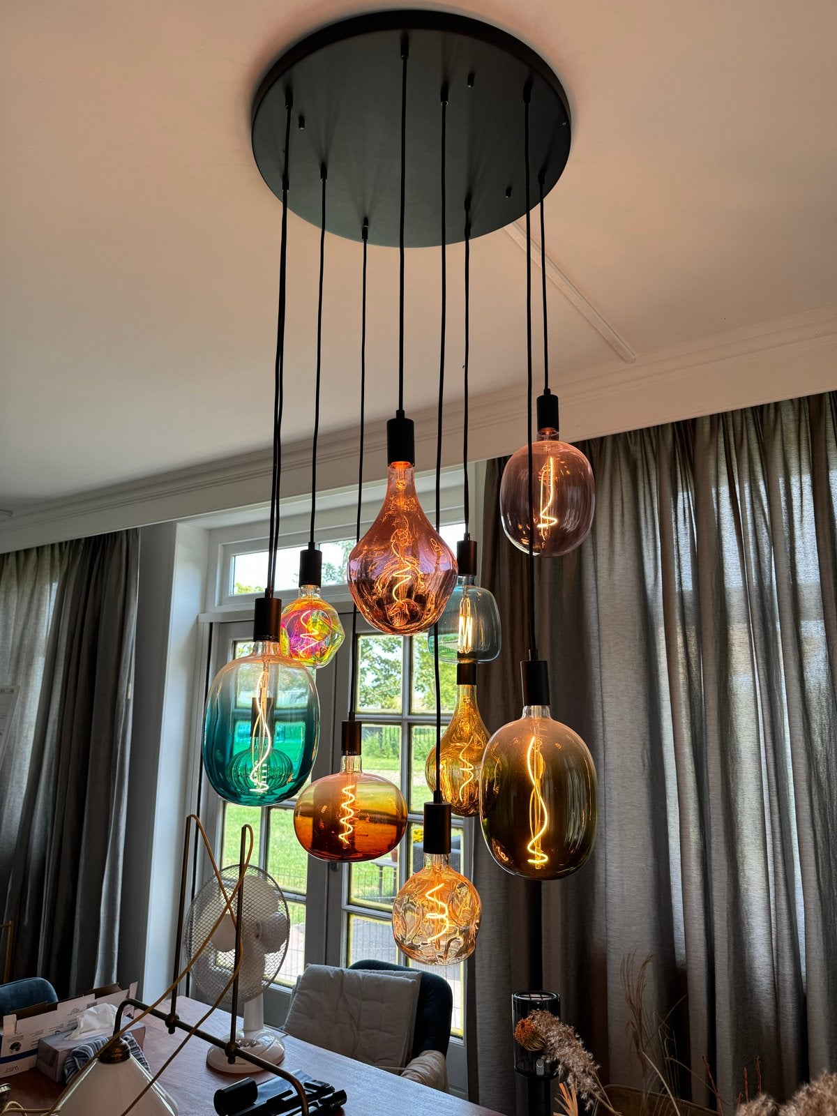 Design Eettafellamp 9-lichts met Gekleurde Bubble Lampen, Huis en Inrichting, Ophalen, Zo goed als nieuw, Glas, E27 (groot)