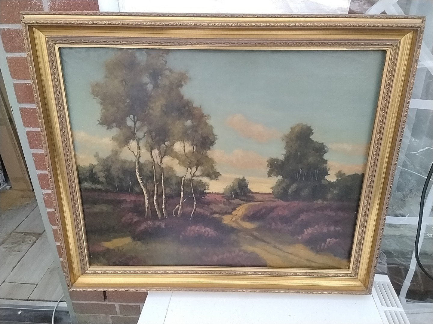 Schilderij heide landschap met berkenbomen, gesigneerd, Antiek en Kunst, Doek, Landschap, Olieverf, Klassiek