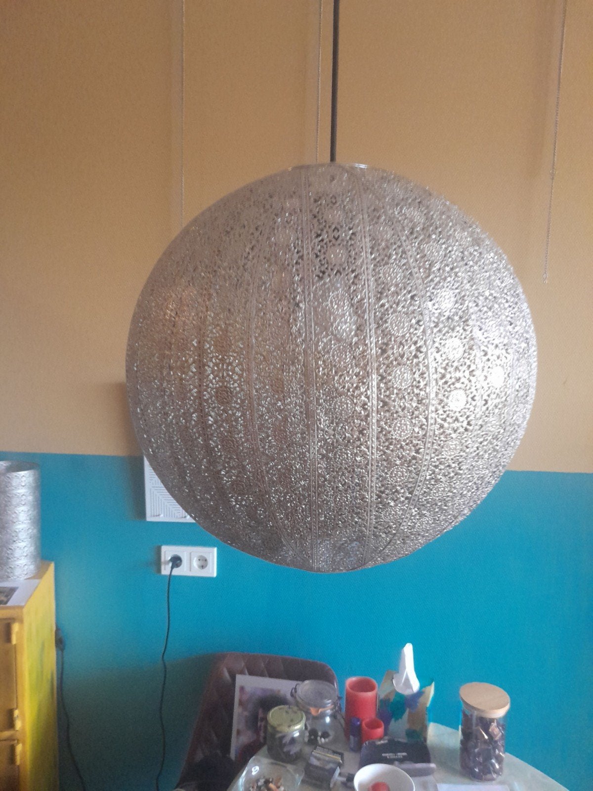 Ronde Hanglamp zilverkleurig metaal Indiase stijl Ø 40 cm, Zo goed als nieuw, Indiase stijl, Metaal, E27 (groot)