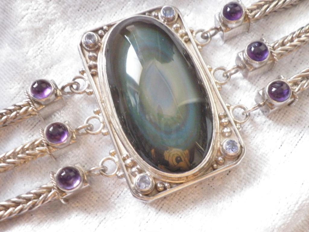 Prachtige Zware Zilveren Armband - grote Regenboog Obsidiaan, Sieraden, Tassen en Uiterlijk, Antieke sieraden, Verzenden, Zilver
