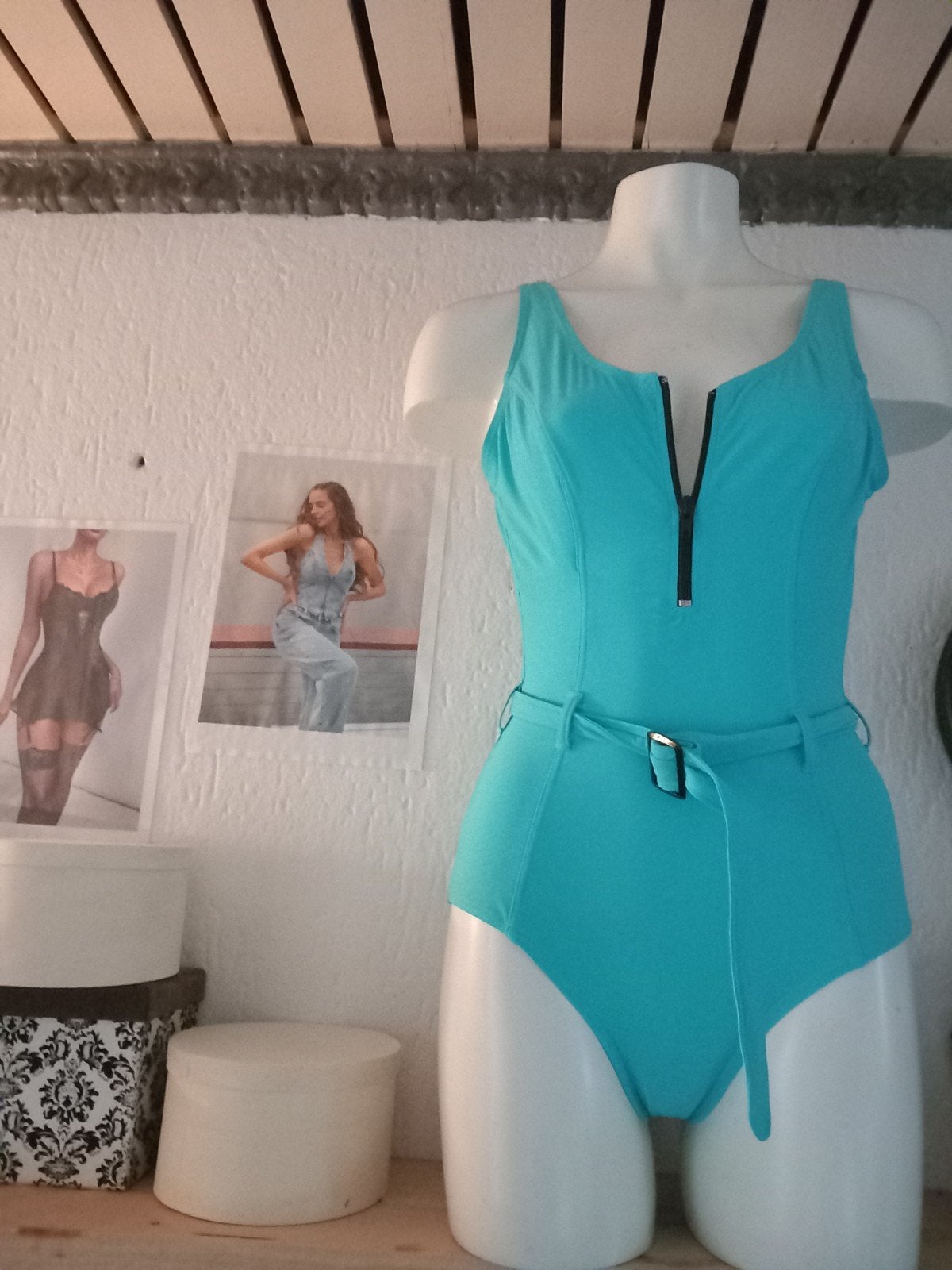 Dames Badpak met Rits en Ceintuur - Turquoise, Kleding | Dames, Badmode en Zwemkleding, Blauw, Nieuw, Badpak, Ophalen of Verzenden