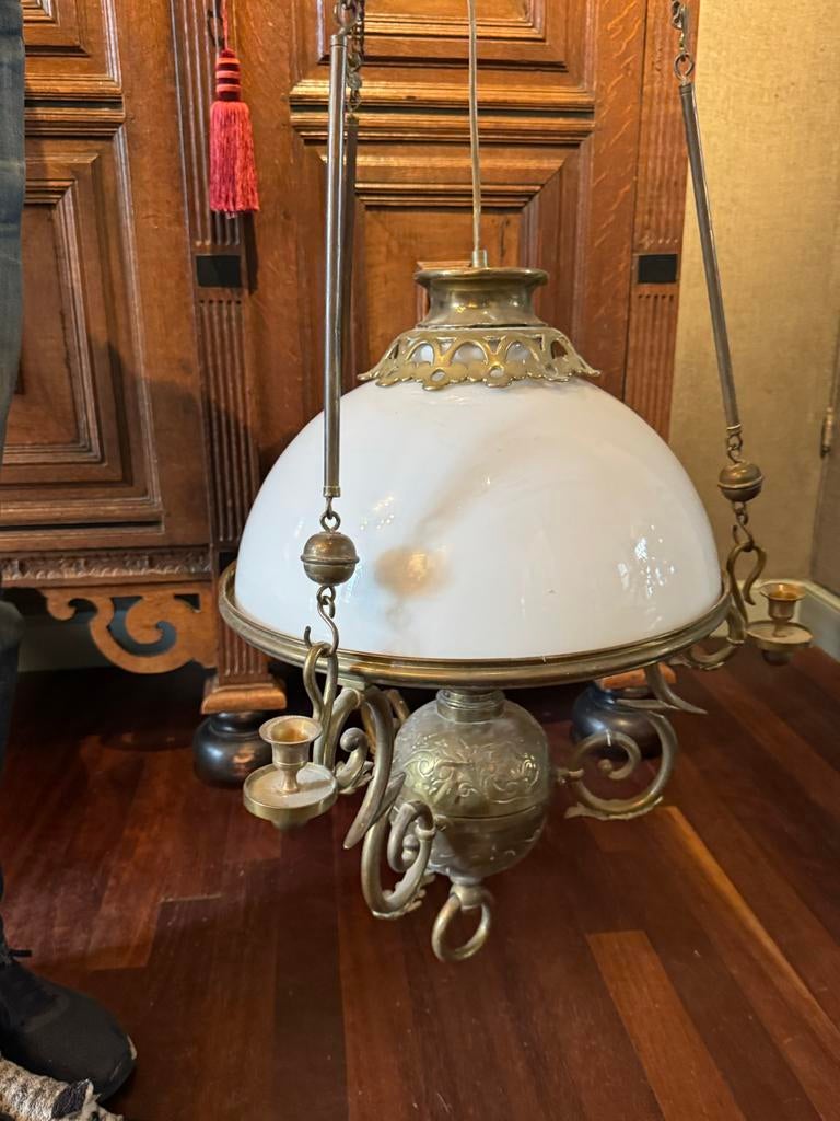 Antieke elektrificeerde olielamp - Hanglamp, Ophalen of Verzenden