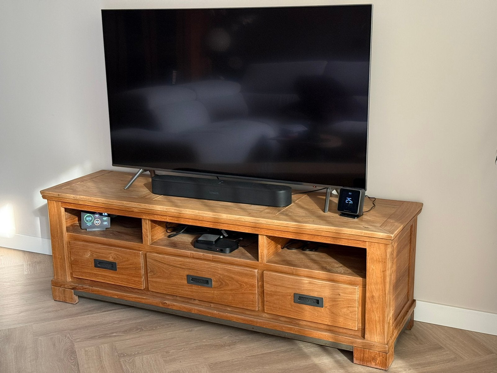 Acacia houten tv meubel, Ophalen, Gebruikt, 150 tot 200 cm, Minder dan 100 cm