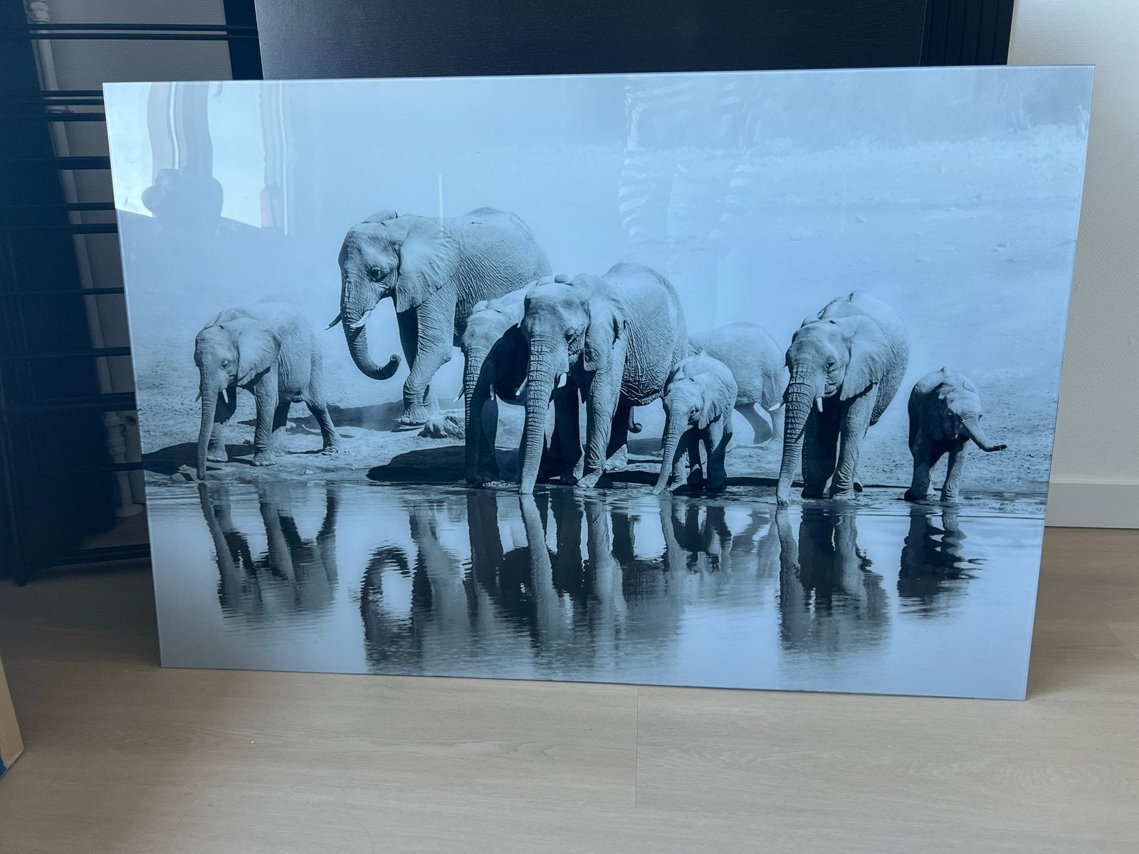 Glasplaat schilderij met olifanten, 120x80cm, Ophalen, Gebruikt, Schilderij, 100 tot 125 cm