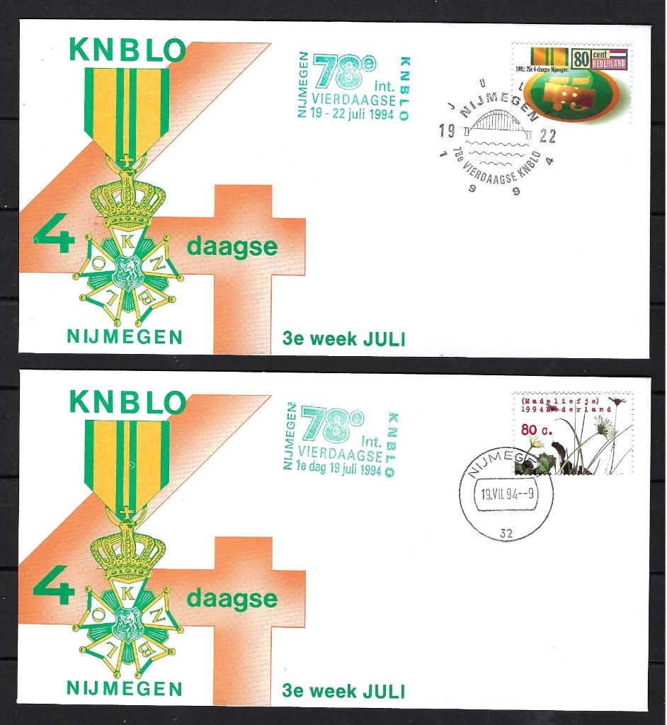 FDC 5x 4daagse 19 t/m 22 juli 1994 Nijmegen KNBLO, Ophalen of Verzenden, Onbeschreven, Nederland