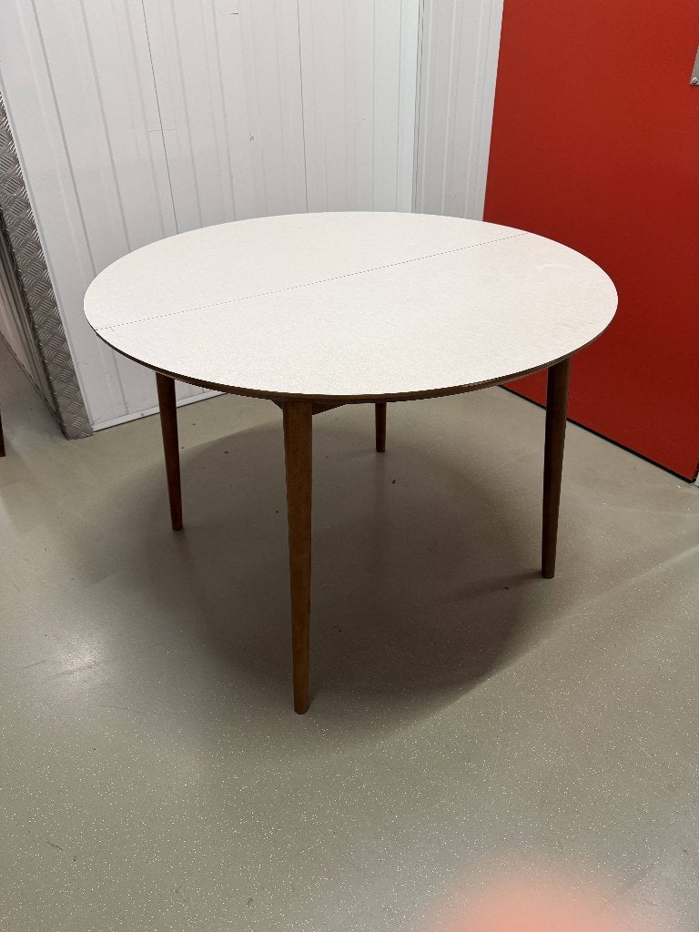 Uitschuifbare Mid-Century Eettafel Notenhout met Licht Blad, Ophalen, Gebruikt, Rond, Mid-Century