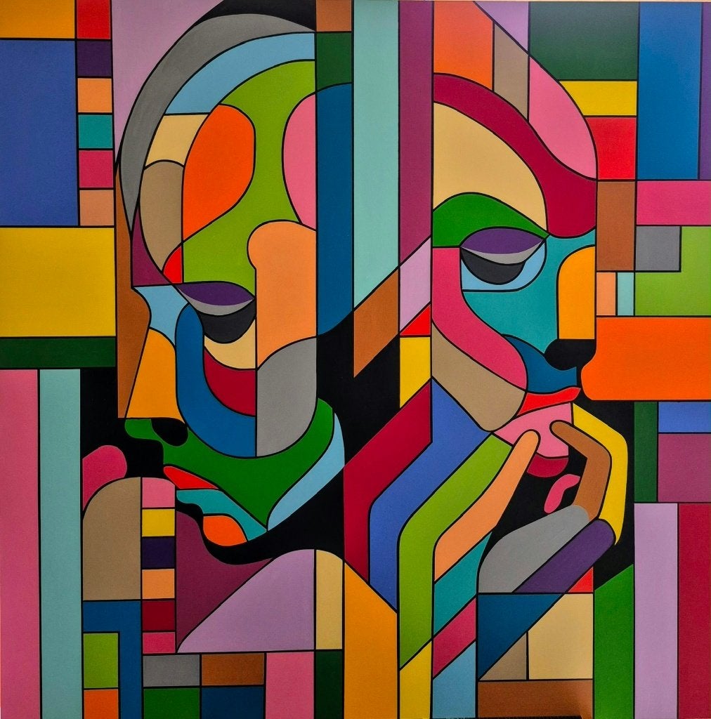 Schilderij Franklin van Dam Geometrisch Dubbelportret, Abstract, Acrylverf, Hout, Handgeschilderd