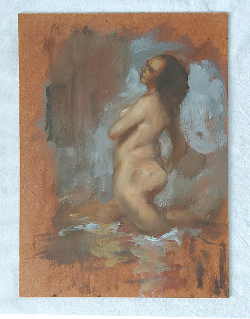 Schilderijtje/ Studie van Naakt in het Water - Olieverf, Paneel, Portret of Personen, Ophalen of Verzenden, Olieverf