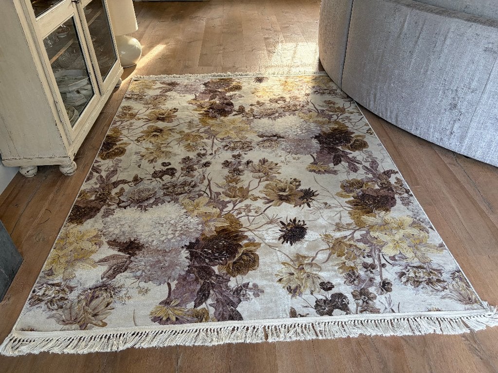 Vloerkleed en poef, Ophalen, Velvet bloemenprint, 150 tot 200 cm, 200 cm of meer