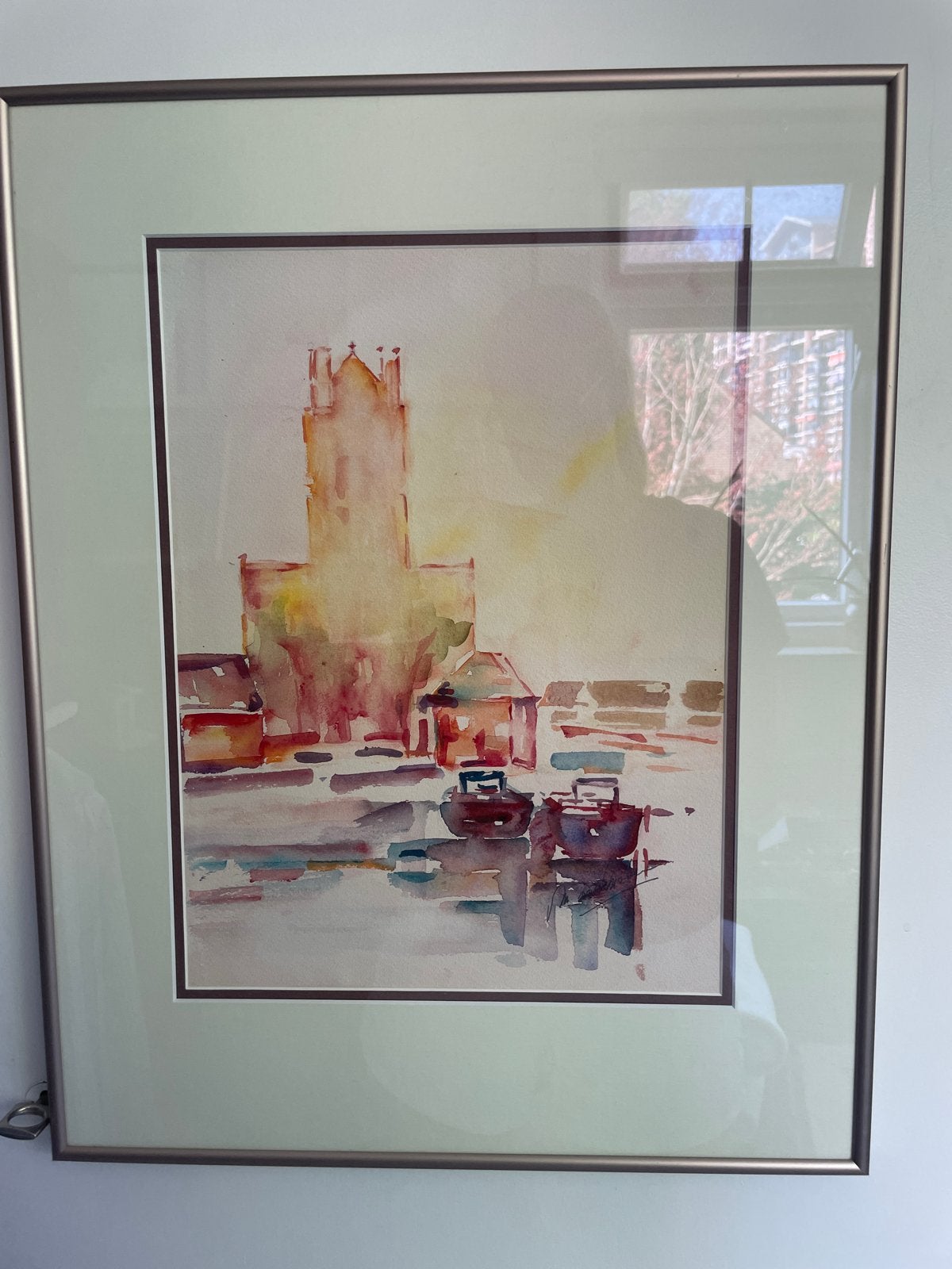 Aquarel Stadsgezicht met Toren - Gesigneerd, Achter glas, Impressionistisch, Ophalen of Verzenden, Aquarel