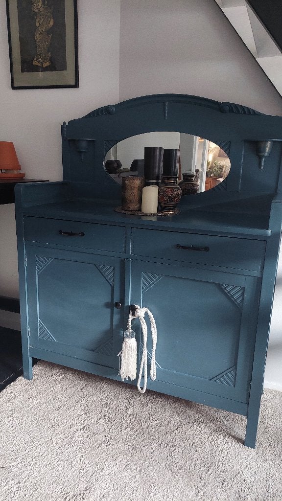 Commode dressoir kast met spiegel  Turquoise, Ophalen, Zo goed als nieuw, Grenenhout, 25 tot 50 cm