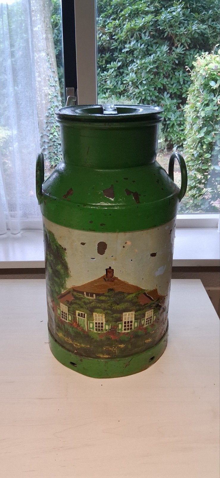 Antieke melkbus met handgeschilderd landschap, Ophalen