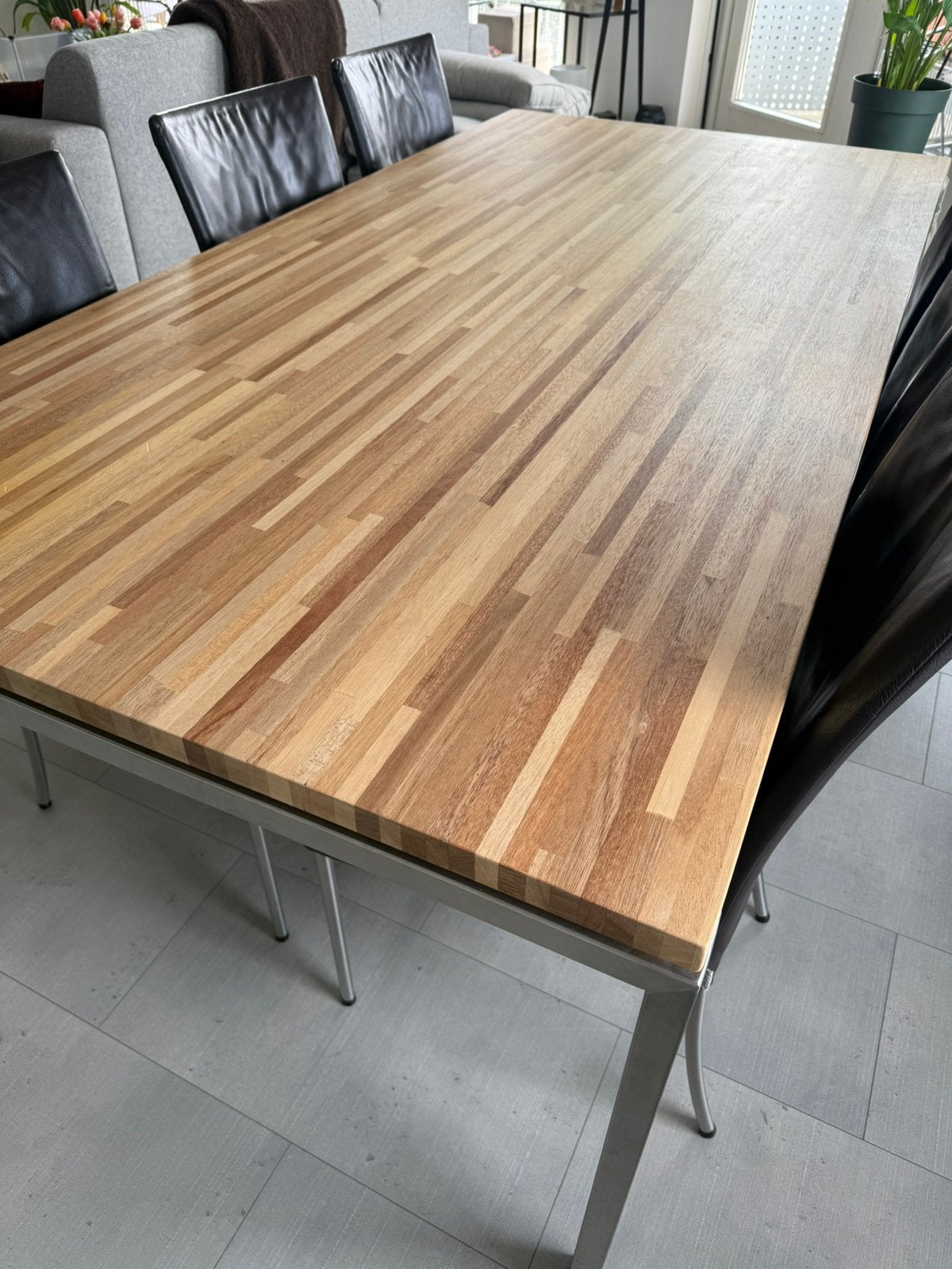 Pine Design eettafelset – 200 cm – 6 leren stoelen, Ophalen, Gebruikt, 200 cm of meer, 50 tot 100 cm