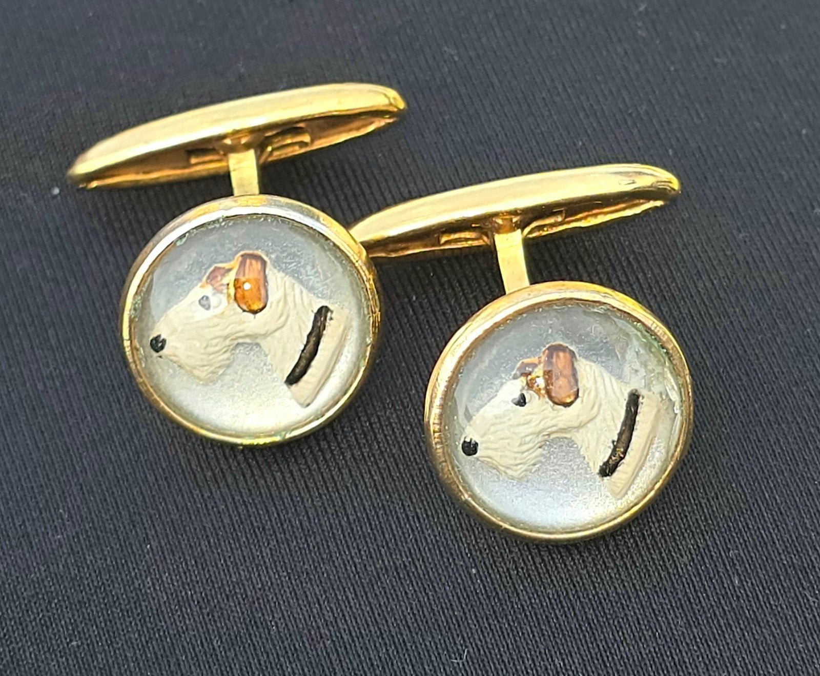 Art Deco Fox Terrier Krementz Essex Style Cufflinks manchet, Ophalen, Gebruikt