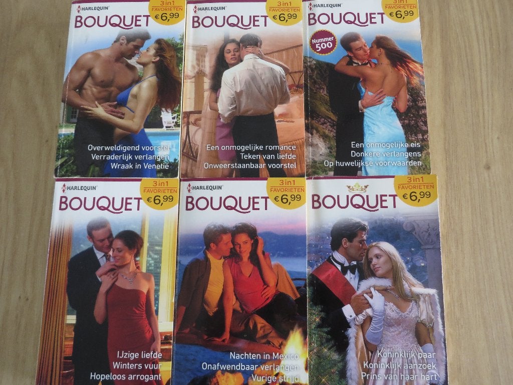 6 x Bouquet Harlequin romans 3 in 1 verhalen 7,50 euro, Ophalen of Verzenden, Zo goed als nieuw
