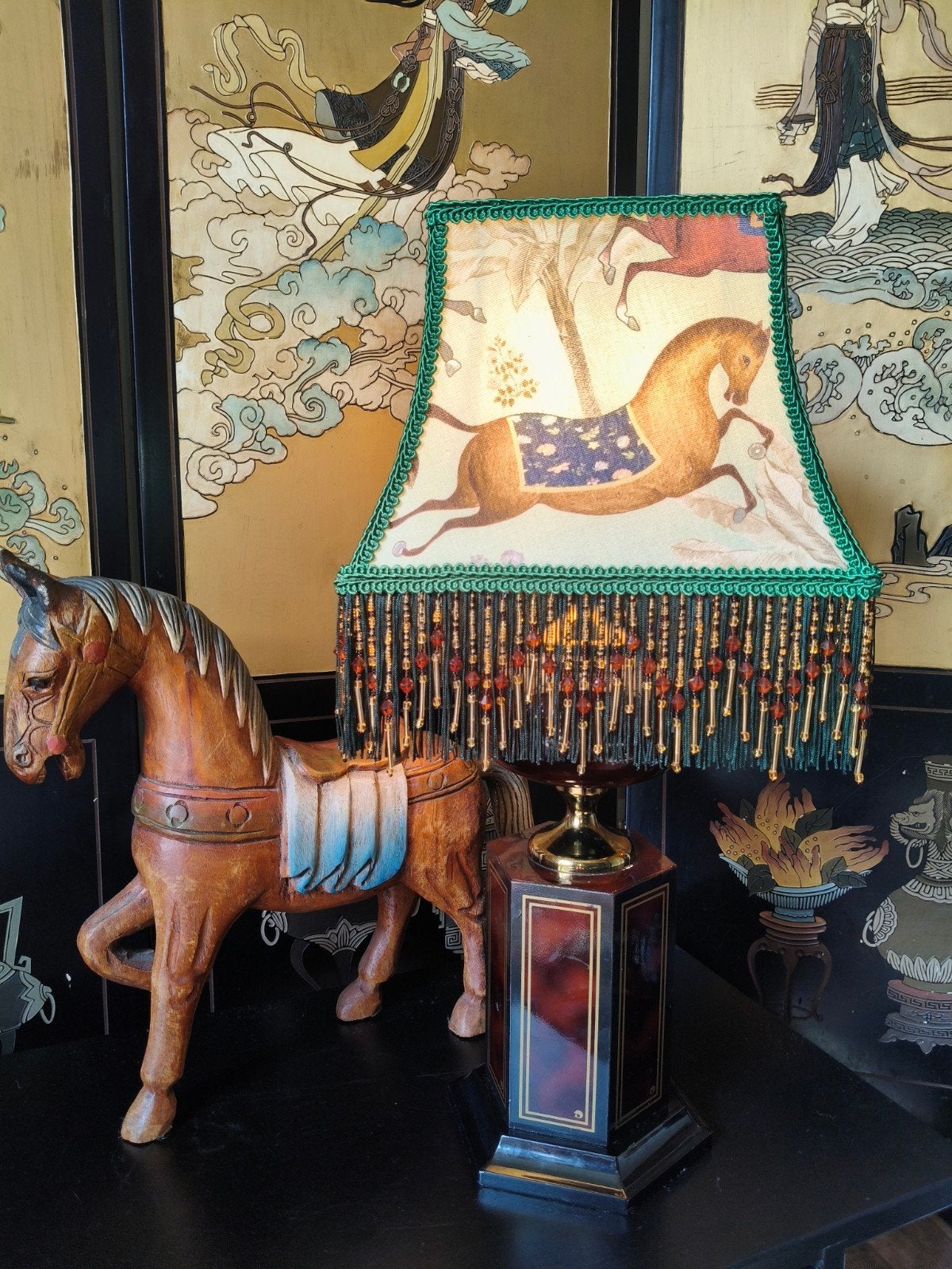 Handgemaakte Paarden Lampenkap - Eclectisch & Vintage Stijl, Gebruikt, 25 tot 50 cm, Groen, Overige vormen