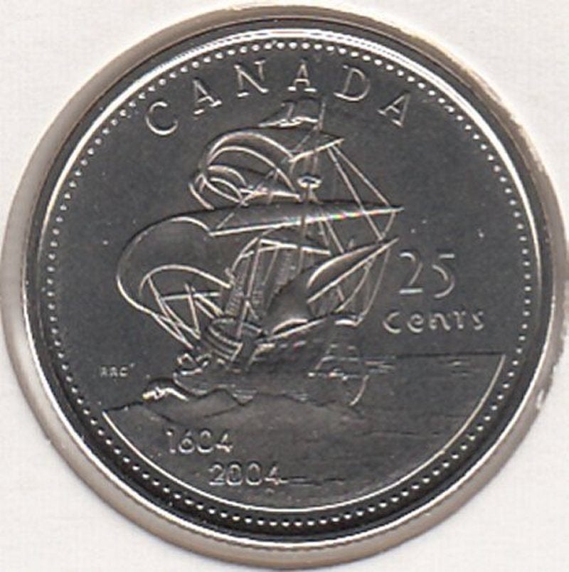 Canada 25 cents 2004 Anniversary First French Settlement UNC, Ophalen of Verzenden, Noord-Amerika, Losse munt