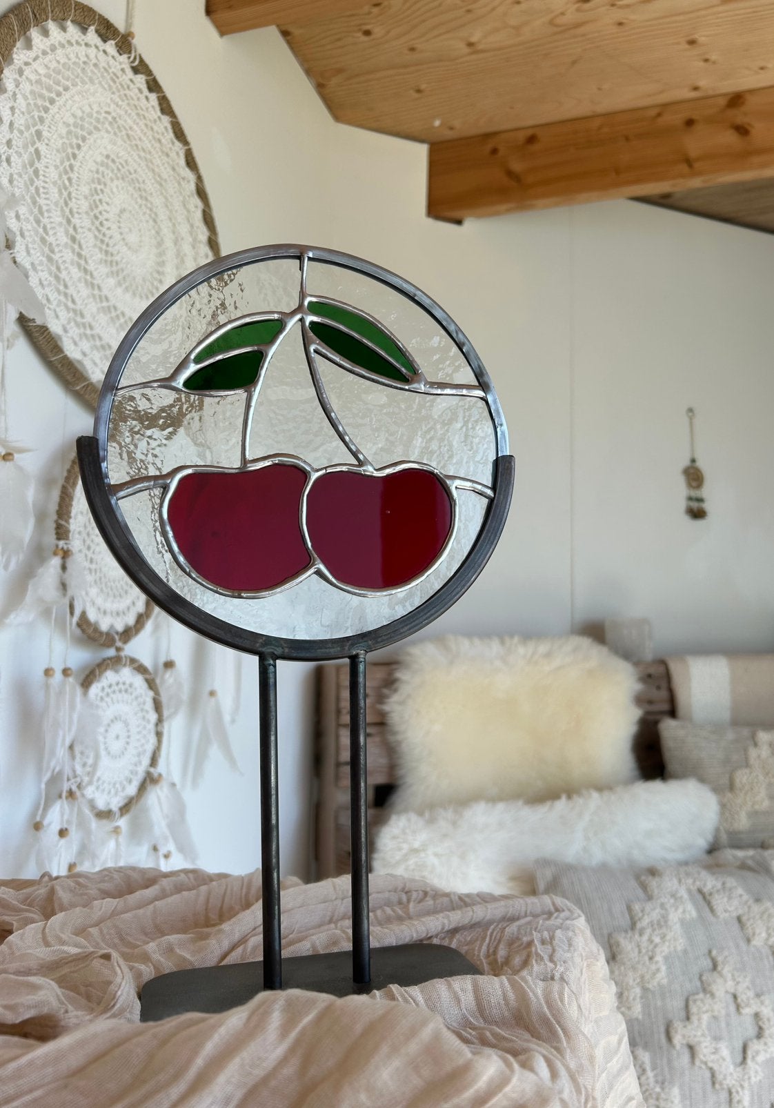 Kersen glas in lood raam rond, Minder dan 80 cm, Overige typen, Ophalen of Verzenden, Zo goed als nieuw