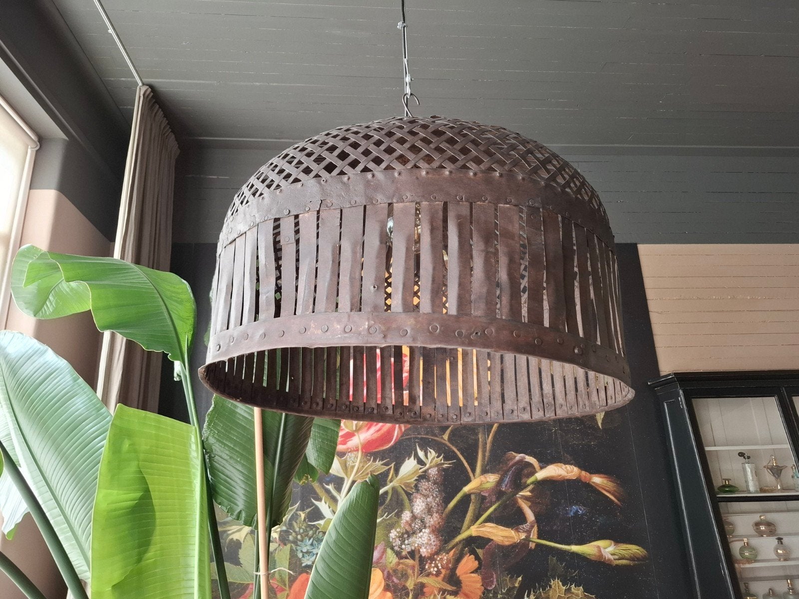 Metalen Indiaase hanemand hanglamp, Ophalen, Gebruikt, Metaal, E27 (groot)