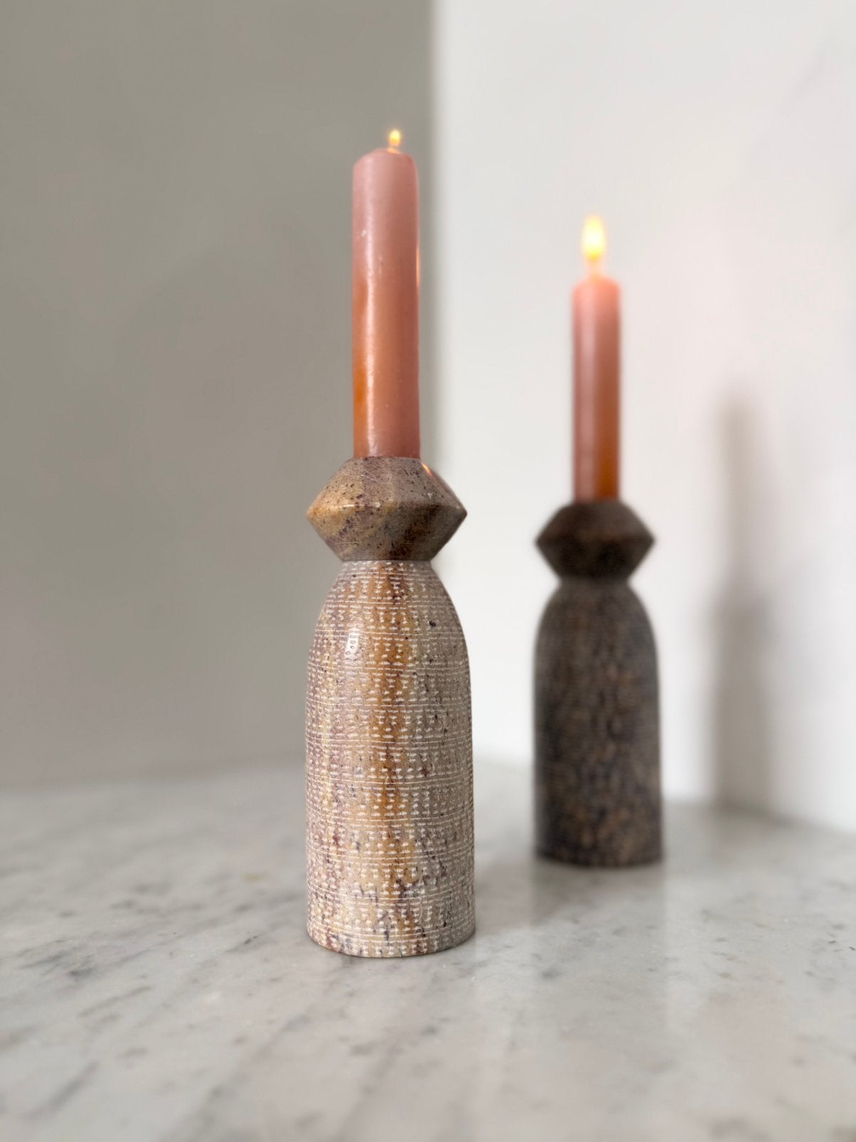Vintage speksteen kandelaren, Ophalen of Verzenden, Zo goed als nieuw, Overige materialen, Minder dan 25 cm