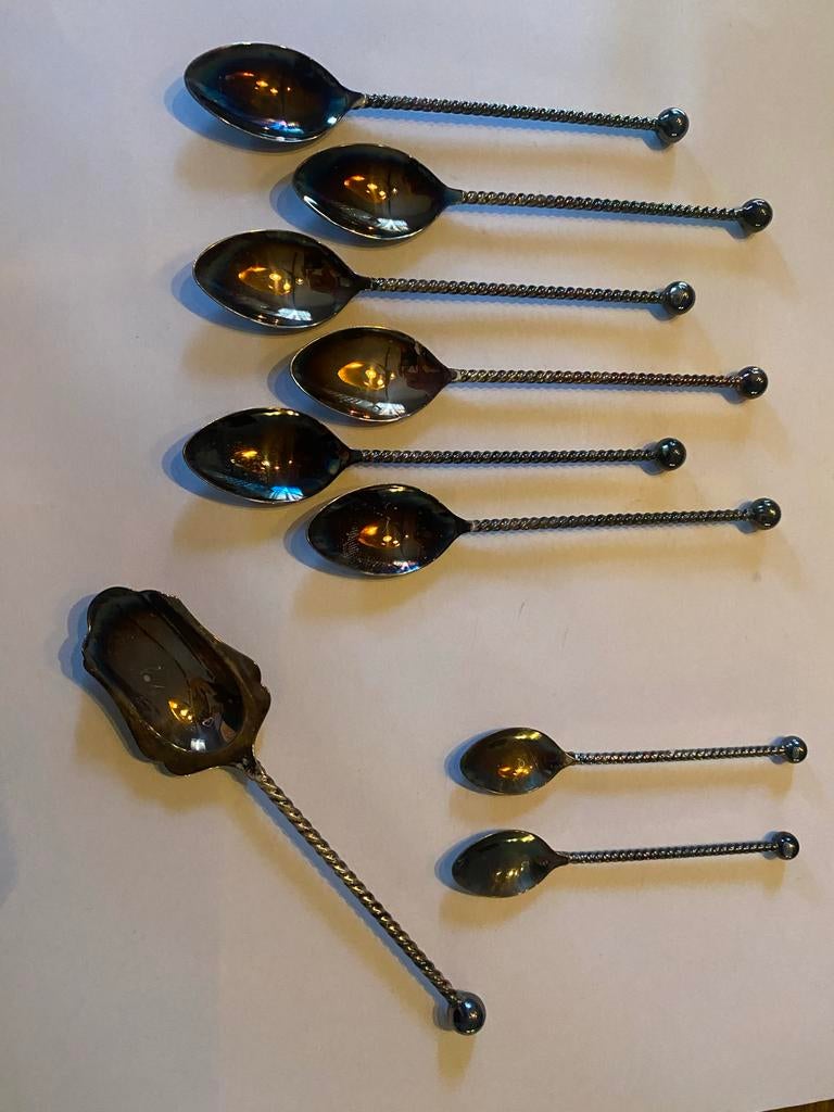 Zilveren theelepels en suikerlepel, 10 stuks, Sillappel, Antiek en Kunst, Ophalen of Verzenden