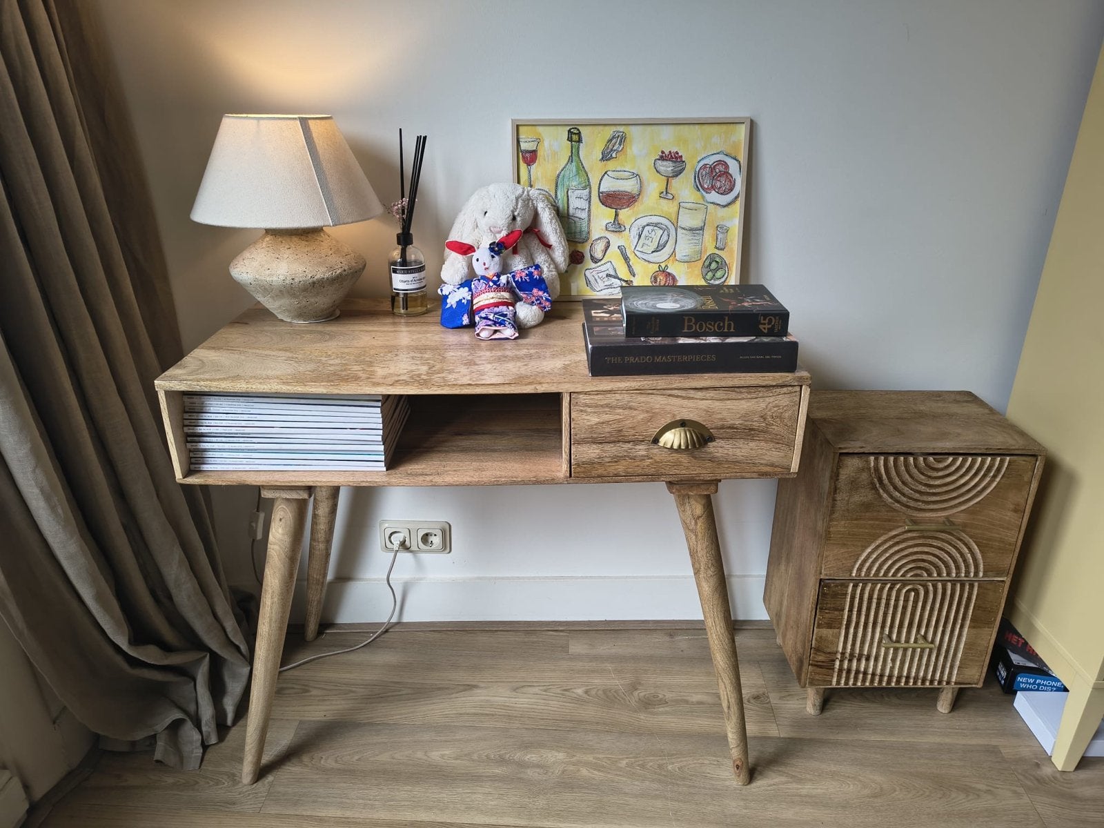 Solid Mango Wood Desk + Cabinet/ Home office/make up, Ophalen, Bruin, Zo goed als nieuw, Bureau-kast combinatie