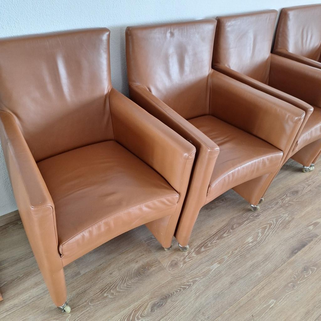 Bert Plantagie 4 leren stoelen verrijdbaar, Huis en Inrichting, Stoelen, Ophalen, Gebruikt, Bruin, Leer
