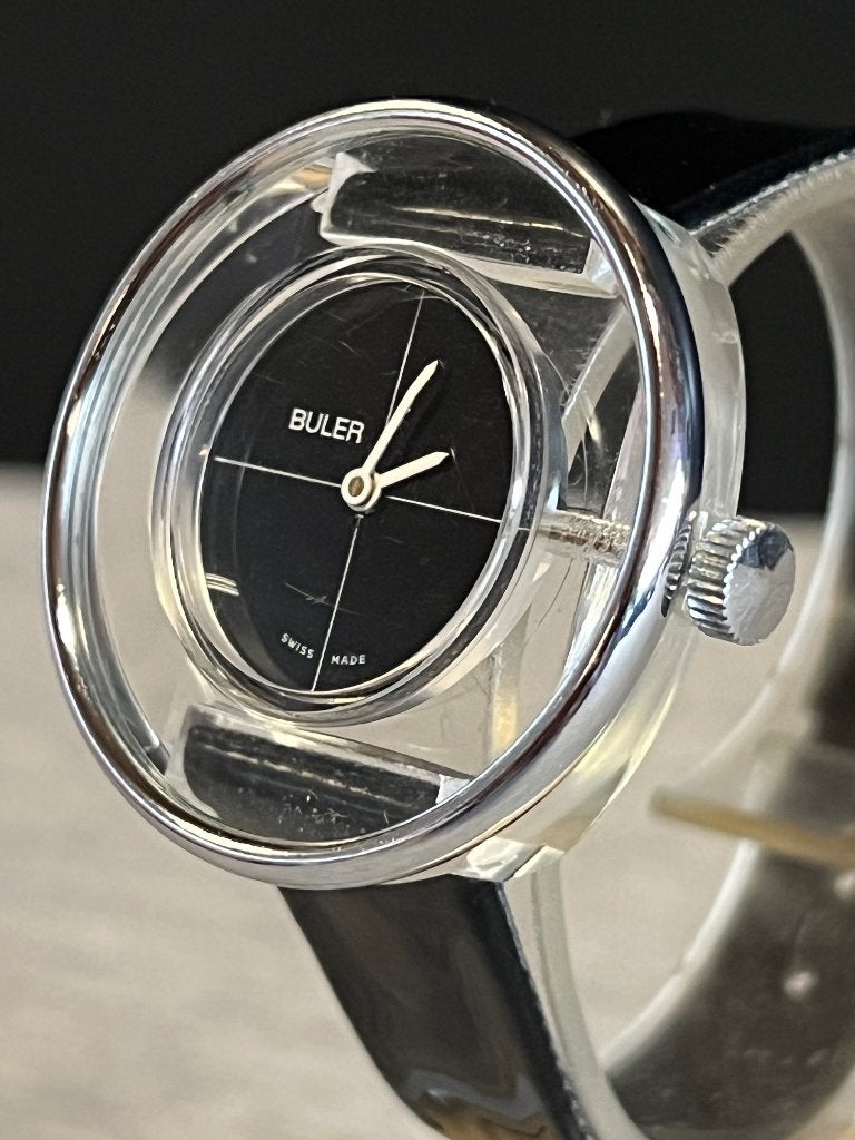 Buler Horloge Lucite Acryl Zwart Mechanisch 35mm, Overige merken, Overige materialen, Met bandje, Polshorloge