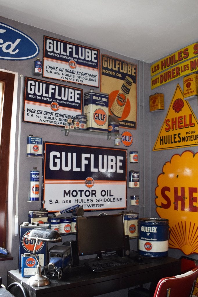 gezocht emaillebord olie blik reclamebord gulf 1930 1950, Ophalen, Gebruikt, Reclamebord