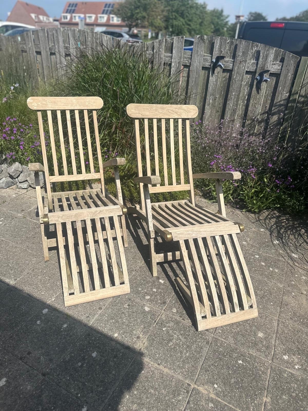 Twee verstelbare teakhouten ligstoelen ROUGH-X deckchair, Ophalen, Gebruikt, Teakhout, Verstelbaar