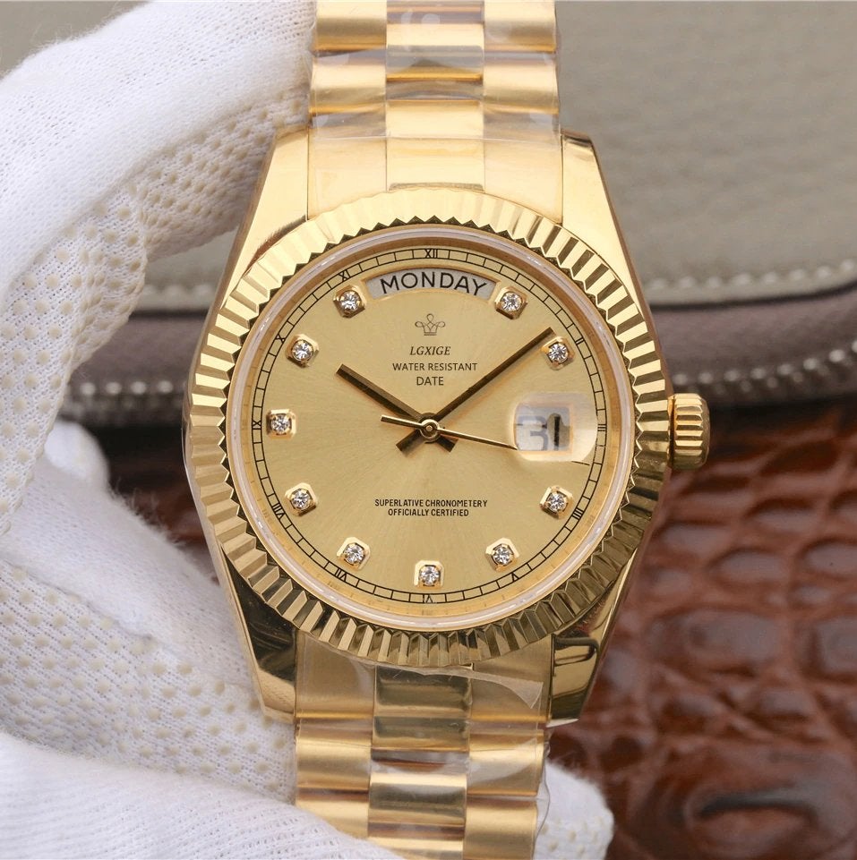 Gouden Horloge Day Date Diamanten Heren Dames Goud, Overige merken, Staal, Staal, Verzenden