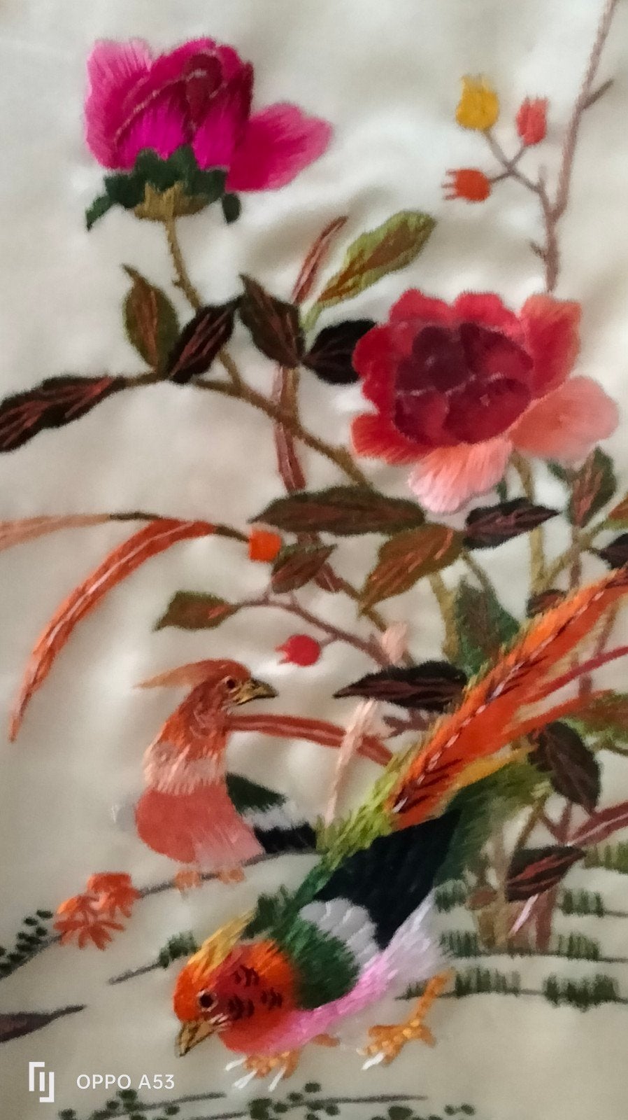 Chinees zijden borduurwerk - Vogels en bloemen, ingelijst, Wanddecoratie, Textiel, Ophalen of Verzenden, China