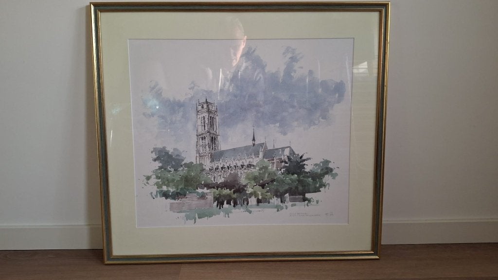 Sint Maartenskerk Zaltbommel aquarel in lijst achter glas, Ophalen, Realistisch, Aquarel, Achter glas